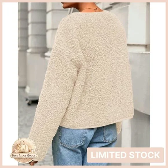 Cropped Faux Fur Jacket Sherpa Fleece Button Down Chic Winter Cozy